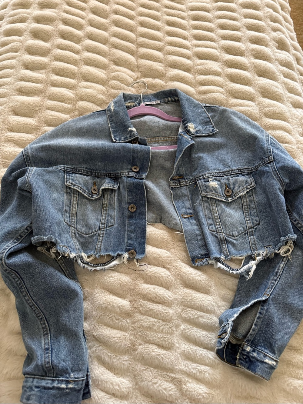 LF Cropped Distressed Blue Denim Jacket